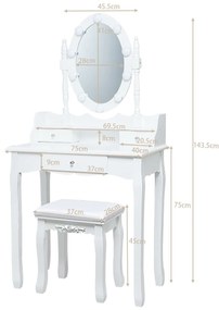 Toucador de maquilhagem com espelho giratório LED 3 gavetas e banco para quarto  75 x 40 x 143,5 cm  Branco