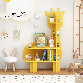 Estante de madeira para crianças com 4 níveis para girafas Organizador de brinquedos com prateleiras de arrumação abertas Amarela