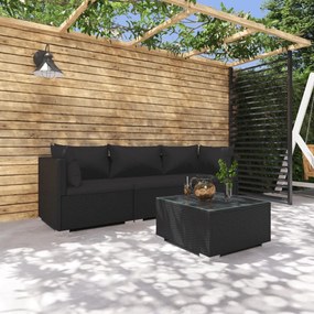 vidaXL 4 pcs conjunto lounge de jardim c/ almofadões vime PE preto