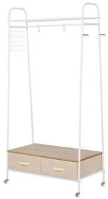 HOMCOM Suporte para Cabides de Metálico Cabideiro com Rodas Prateleira e 2 Gavetas para Organizar Roupas Bolsos 99x47x185cm Branco