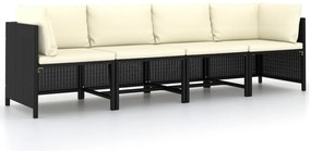 Sofá de jardim 4 lugares com almofadões vime PE preto