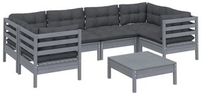 7 pcs conjunto lounge de jardim c/ almofadões pinho cinza