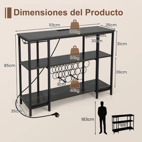 Garrafeira armario de cozinha com estação de carregamento 2 suportes para 15 garrafas Estantes industriais para cozinha doméstica 113 x 35 x 85 cm Cin