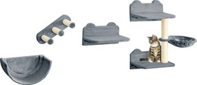 Prateleiras de Parede para Gatos 4 Peças com Rede Plataforma Semicircular Plataformas de Salto e Poste de Sisal Cinza