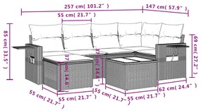 7 pcs conjunto de sofás jardim c/ almofadões vime PE castanho