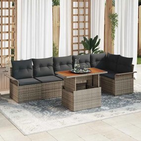 vidaXL Conjunto de Jantar de Jardim de 7 Peças com Almofadas Cinza em Rattan Polipropileno e Acácia