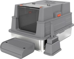 PawHut Caixa de Areia XXL Aço Inoxidável 130L com Tampa Dobrável 180° Laterais Altas Pá Pedal 70x50x43cm Cinza | Aosom Portugal
