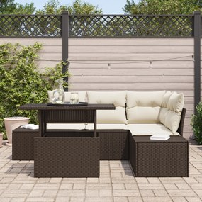 Conjunto de Sofá de Jardim de 5 Peças com Almofadas Castanho em Rattan