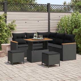 Conjunto de Sofá de Jardim de 8 Peças com Almofadas Preto Vime Poliéster Acácia