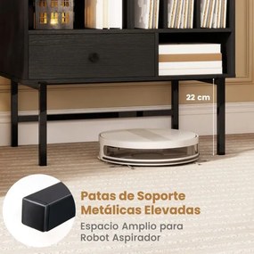 Suporte grande para gira-discos e discos de vinil de meados do século com compartimentos abertos para álbuns Preto