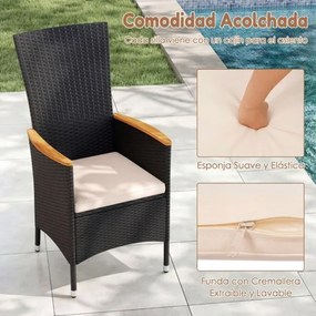 Conjunto de 2 cadeiras de jardim em rattan com encosto alto (MESA NÃO INCLUIDA), braços em madeira de acácia e almofada macia para terraço, alpendre o