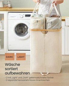 Cesto para roupa suja com dois compartimentos (150L) 52 x 38,5 x 75 cm Creme + Bege natural
