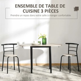 Conjunto de mesa oval extensível e 2 cadeiras – mesa com abas – metal e MDF – preto e natural