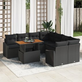 Conjunto de Sofá de 9 Peças com Almofadas Preto Rattan PE