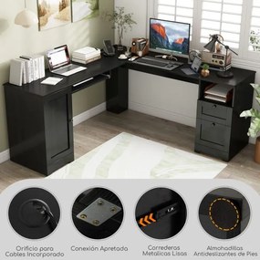 Secretária em forma de L com 2 gavetas inclui 2 tomadas, uma porta USB e uma porta Tipo C Estante ajustável e tabuleiro para teclado Secretária de can