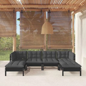 6 pcs conjunto lounge de jardim c/ almofadões pinho preto