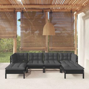 vidaXL 6 pcs conjunto lounge de jardim c/ almofadões pinho preto