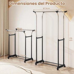 Guarda Roupa aberto, móvel com duas barras, altura ajustável 160-180 cm, com rodas, metal resistente, para closet, lavandaria ou sala, preto