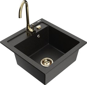 Mexen Vito lava-loiça em granito com 1 bacia e torneira de cozinha Telma, preto/dourado metálico - 6503-75-670200-50