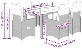 7 pcs conjunto de bistrô para jardim c/ almofadões vime PE bege