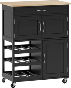 Carrinho de Cozinha com Rodas 2 Armários de Arrumação Gaveta e 3 Prateleiras Abertas para 9 Garrafas 67x37x87 cm Preto