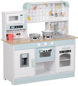 Cozinha de Madeira para Crianças com Sons Lavatório Micro-Ondas Máquina de Gelo e Acessórios 88,6x31,7x90,4 cm Branco