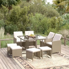 vidaXL 9 pcs conjunto de jantar p/ jardim com almofadões vime PE bege