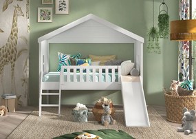 Cama para Crianças Casa HOUSEBED ESCADA + ESCORREGA BRANCA