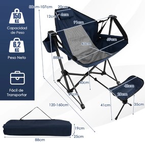 Cadeira de rede dobrável para campismo com apoio para os pés retrátil e bolsa de transporte para acampamento, pesca, piquenique, azul escuro