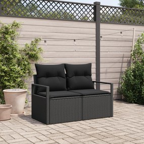 Sofá de Jardim de 2 Lugares com Almofadas Preto em Rattan Sintético
