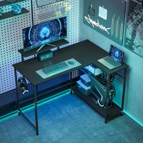 Secretária gaming reversível, 114,5 x 82 x 91,5 cm de canto, suporte para ecrã, prateleira em malha ajustável, preta