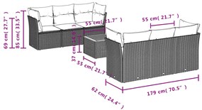 7 pcs conjunto sofás p/ jardim c/ almofadões vime PE cinzento