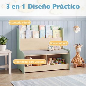 Banco com arrumação infantil 80 x 48 x 74,5 cm,  3 em 1, almofada acolchoada, capa removível, estante e compartimentos abertos para crianças a partir