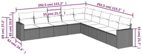 9 pcs conj. sofás jardim com almofadões vime PE cinzento-claro