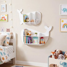 Conjunto de 2 prateleiras suspensas em forma de baleia com compartimentos abertos - Estante suspensa em madeira para quarto infantil ou creche - Branc