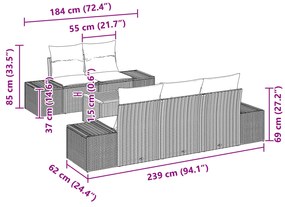 Conjunto de Sofá de Jardim de 6 Peças com Almofadas Preto Rattan Polié