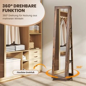 Armário para joias 43 x 38 x 159 cm giratório 360° com espelho de corpo inteiro prateleiras traseiras cor castanho vintage