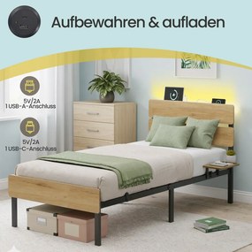 Estrutura de cama individual, 90 x 200 cm (COLChÂO NÃO INCLUIDO), com luzes LED Castanho