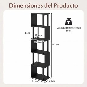 Estante de 5 prateleiras geométrica em forma de S com estrutura metálica e sistema anti-tombamento 38 x 23 x 147 cm Preta
