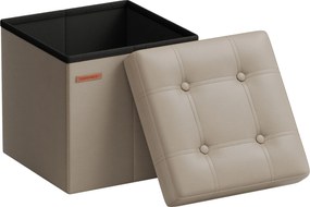 Banco quadrado arrumação 38 x 38 x 38 cm, em couro sintético, dobrável castanho claro