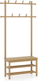 Cabide Guarda Roupa de bambu em rattan PE 71 x 30 x 169,5 cm para entrada com sapateira para entrada 3 em 1 com 2 barras Natural