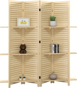 Biombo de interior de 4 painéis, 160 cm (L) x 170 cm (A), com 3 prateleiras dobráveis, divisória de ambientes, portas com persianas, acabamento natura
