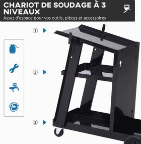 Carro de Soldadura Móvel (MAQUINA SOLDAR NÃO INCLUIDA), 71 x 39 x 70 cm, 3 Níveis, Preto