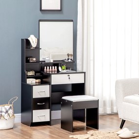Conjunto de toucador com banco estofado, espelho grande + várias prateleiras abertas + 4 gavetas, branco e preto