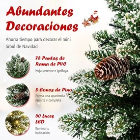 Mini Árvore de Natal de mesa 64 cm Pré-iluminada com 50 Luzes LED 8 Pinhas e Base verde
