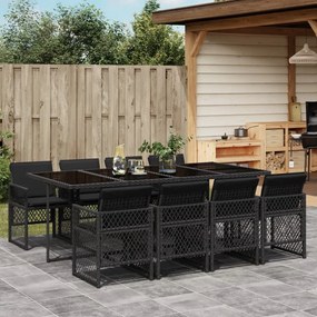 9 pcs conjunto de jantar p/ jardim c/ almofadões vime PE preto