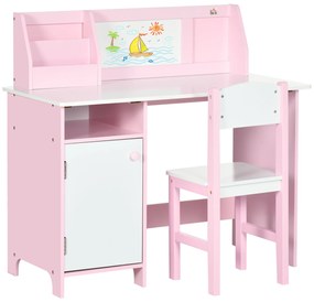 HOMCOM Conjunto de Mesa e Cadeira Infantil de Madeira com Quadro Branco Mesa de Estudo para Crianças acima de 5 Anos 90x45x85cm Rosa | Aosom Portugal