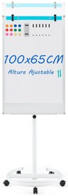 Quadro branco ajustável em altura com rodas com clipes para papel e tabuleiro 65 x 60 x 132-192 cm Branco