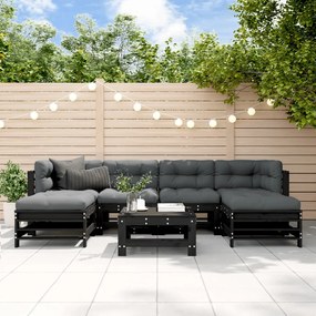 vidaXL 7 pcs conjunto lounge jardim c/ almofadões madeira maciça preto