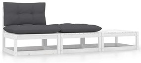 3 pcs conjunto lounge jardim c/ almofadões pinho maciço branco